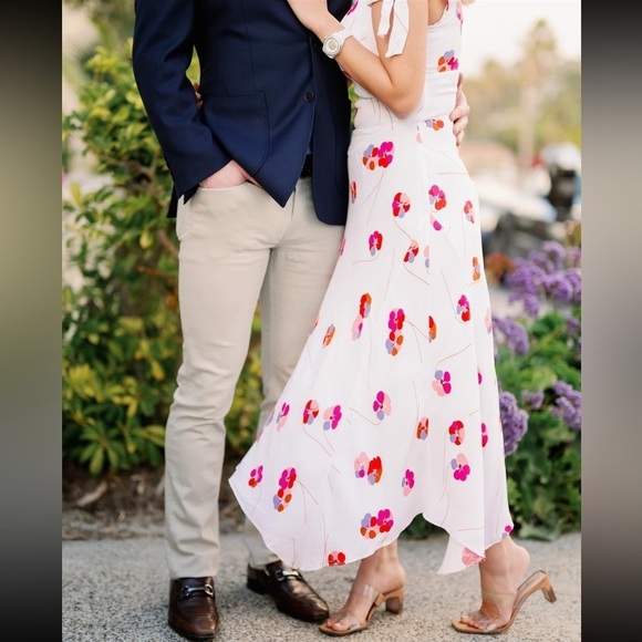 Lewit Tie Sleeve Off Shoulder Floral Asymmetrical Maxi Dress White Pink Size 8 - Picture 1 of 16